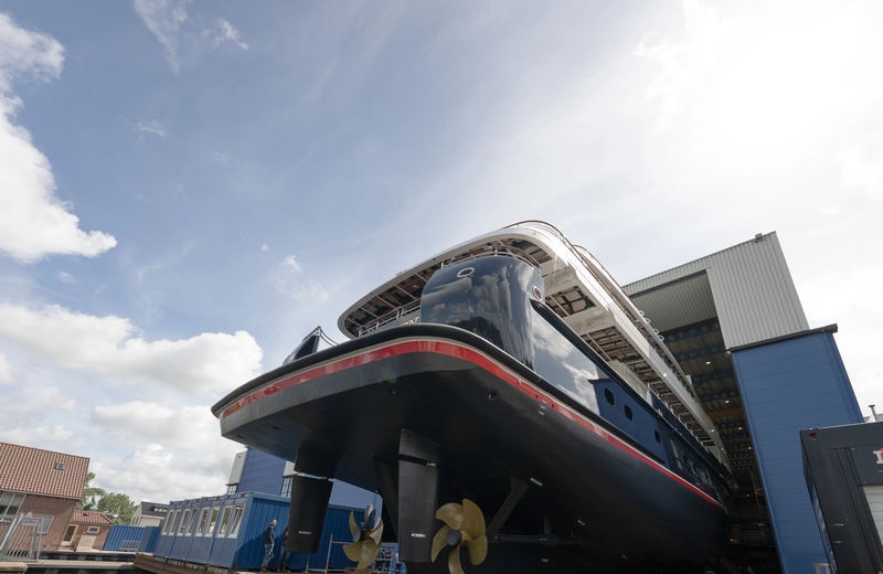 Halcyon quarter view during launch from major refit by Feadship