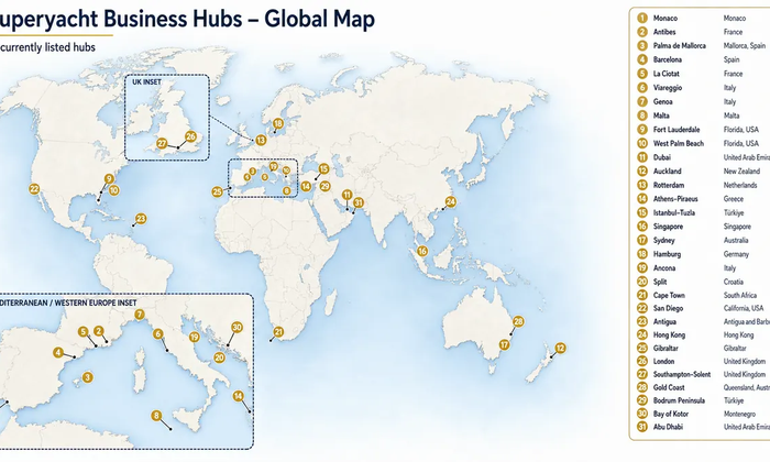 Global map of 31 Superyacht Business Hubs