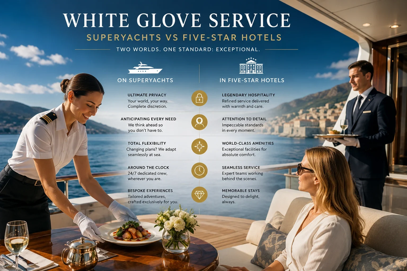 Infographic comparing white glove service on superyachts and in five-star hotels